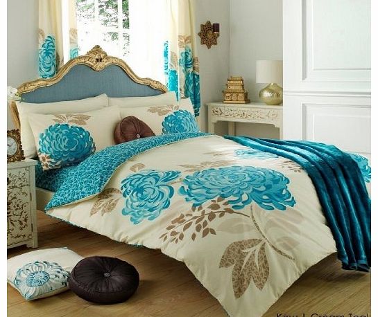 [hachette] PRINTED FLOWER FLORAL CREAM/TEAL CURTAINS SET + TIE BACKS 66`` X 72`` SIZE